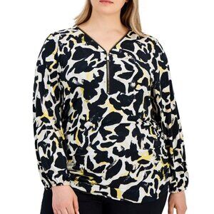 JM Collection Plus Size White, Black & Yellow Printed Zip-Front Top NWT